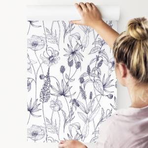 Papier Peint Herbes FLEURS Nature Rétro Bleu - Gris - Mauve - Blanc - Papier - Textile - 53 x 1000 x 1000 cm