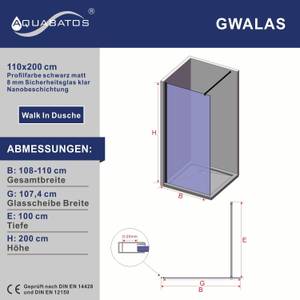 Glas Duschwand Walk In Dusche schwarz Breite: 110 cm