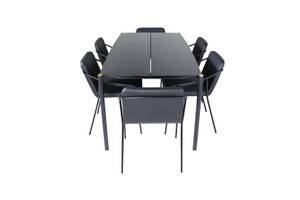 Pelle ensemble table, table noir et 6 Noir - Bois massif - 90 x 75 x 190 cm