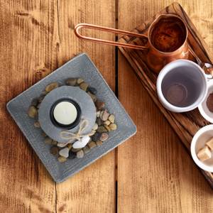 Teelichthalter mit Tablett & Steinen Braun - Grau - Weiß - Holzwerkstoff - Stein - 16 x 9 x 16 cm