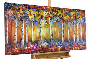 Tableau peint à la main Season Change Vert - Bois massif - Textile - 120 x 60 x 4 cm