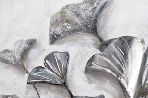 Acrylbild handgemalt Zarte Blätter Grau - Weiß - Massivholz - Textil - 80 x 80 x 4 cm
