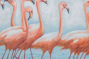 Tableau peint à la main Flamingo Clique Bleu - Rose foncé - Bois massif - Textile - 120 x 60 x 4 cm