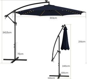 Ø300cm Sonnenschirm, LED Solar Blau - Kunststoff - 300 x 244 x 300 cm