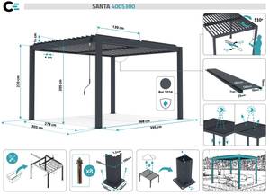 Pergola bioclimatique SANTA autoportée Gris - Profondeur : 395 cm