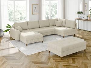 Wohnlandschaft mit Hocker Neo Cord-Stoff Beige