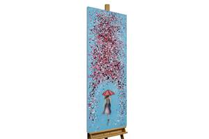 Tableau peint Flowerway to Dream Bleu - Rose foncé - Bois massif - Textile - En partie en bois massif - 40 x 120 x 4 cm