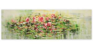 Tableau Water Lily Wishes Vert - Rouge - Bois massif - Textile - 150 x 50 x 4 cm