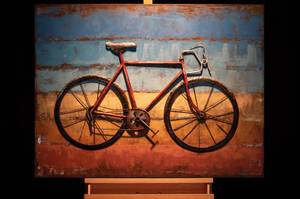 Metallbild Cycling to the Beach Blau - Rot - Metall - 100 x 70 x 5 cm