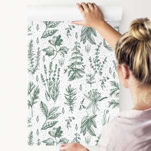 Papier Peint fleurs feuilles plantes Vert - Blanc - Papier - 53 x 1000 x 1000 cm