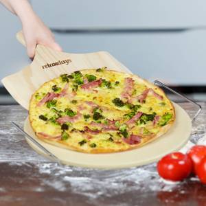 Pierre à pizza ronde cuisson four Marron - Argenté - Pierre artificielle - Bois manufacturé - Métal - Pierre - 32 x 4 x 32 cm