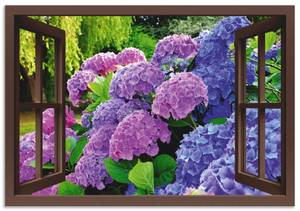 Alubild Fensterblick Hortensien 130 x 90 cm