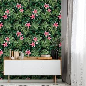 Papier Peint feuilles exotiques fleurs Noir - Vert - Rouge - Blanc - Papier - 53 x 1000 x 1000 cm