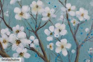 Tableau peint Corolles blanches Bleu - Blanc - Bois massif - Textile - 80 x 80 x 4 cm