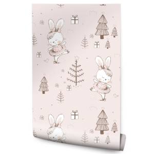 Papier Peint pour enfants lapins arbres Marron - Orange - Papier - 53 x 1000 x 1000 cm