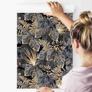 TAPETE Tropische BLÄTTER Goldpflanzen Beige - Schwarz - Braun - Grau - Weiß - Papier - 53 x 1000 x 1000 cm