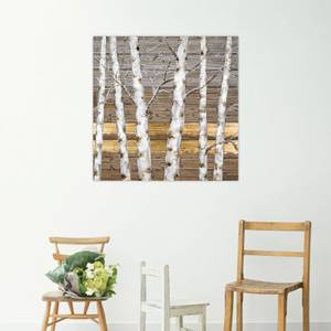 Tableau peint Aube sur forêt de bouleaux Beige - Doré - Bois massif - Textile - 80 x 80 x 4 cm