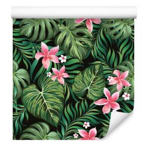 Papier Peint feuilles exotiques fleurs Noir - Vert - Rouge - Blanc - Papier - 53 x 1000 x 1000 cm