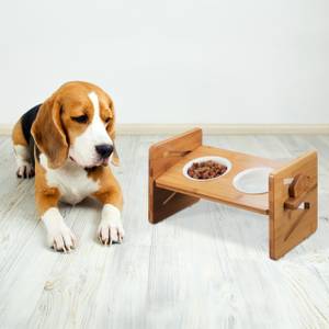 Futterstation für Hunde höhenverstellbar Braun - Weiß - Bambus - Keramik - 40 x 21 x 20 cm