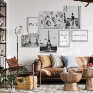 Set De Tableaux Paris Fleurs Citations Noir - Gris - Blanc - Textile - 110 x 80 x 80 cm