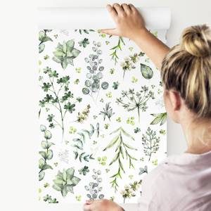 Papier Peint PLANTES Feuilles Nature Vert - Blanc - Papier - Textile - 53 x 1000 x 1000 cm