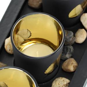 Teelichthalter Set mit Herbst-Motiv Schwarz - Gold - Holzwerkstoff - Glas - Stein - 33 x 8 x 12 cm