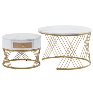 Couchtisch MARBDiana Ⅱ+ (2er Set) Gold - Weiß - Holzwerkstoff - Metall - Kunststoff - Polyrattan - 71 x 46 x 71 cm