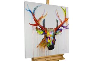 Tableau peint Le cerf multicolore Bois massif - Textile - 80 x 80 x 4 cm