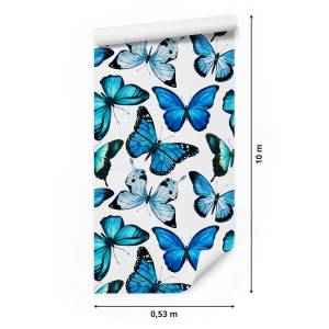 Papier Peint papillons aquarelle Noir - Bleu - Vert - Turquoise - Blanc - Papier - 53 x 1000 x 1000 cm