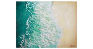 Tableau peint à la main Été à Ibiza Beige - Turquoise - Bois massif - Textile - 100 x 75 x 4 cm