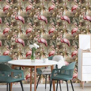 Papier Peint Flamants Feuilles Fleurs Beige - Marron - Gris - Rose foncé - Papier - Textile - 53 x 1000 x 1000 cm