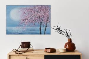 Acrylbild handgemalt Kirschblütennacht Blau - Pink - Massivholz - Textil - 90 x 60 x 4 cm