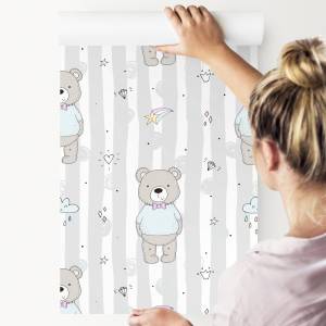 Papier Peint nounours étoiles enfants Bleu - Gris - Blanc - Papier - 53 x 1000 x 1000 cm