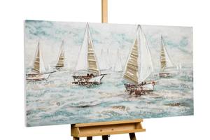 Tableau peint à la main Sailboat Racing Bleu - Blanc - Bois massif - Textile - 140 x 70 x 4 cm