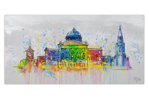 Bild handgemalt Bern Skyline Silhouette Grau - Massivholz - Textil - 120 x 60 x 4 cm