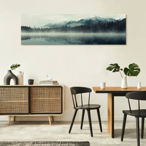 Leinwandbild Berge Nebel Wald Panorama Blau - Holzwerkstoff - Naturfaser - 145 x 45 x 2 cm