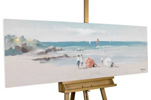 Tableau peint à la main Jour de plage Beige - Bleu - Bois massif - Textile - 150 x 50 x 4 cm