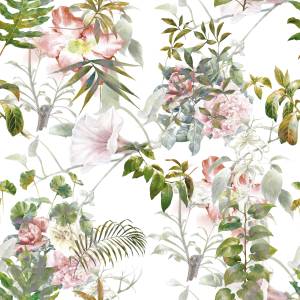 Papier Peint FEUILLES Fleurs Tropicales Beige - Vert - Blanc - Papier - Textile - 53 x 1000 x 1000 cm