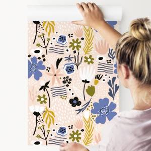 Tapete Bunte BLUMEN Blätter Pflanzen Schwarz - Blau - Grün - Weiß - Papier - Textil - 53 x 1000 x 1000 cm