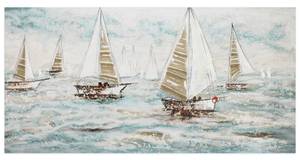 Tableau peint à la main Sailboat Racing Bleu - Blanc - Bois massif - Textile - 140 x 70 x 4 cm