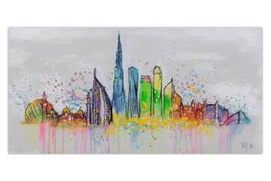Tableau peint Dubai Skyline Silhouette Gris - Bois massif - Textile - 120 x 60 x 4 cm