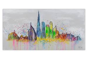 Bild handgemalt Dubai Skyline Silhouette Grau - Massivholz - Textil - Holz teilmassiv - 120 x 60 x 4 cm