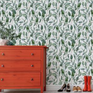 Papier Peint Plantes FEUILLES Eucalyptus Beige - Vert - Blanc - Papier - Textile - 53 x 1000 x 1000 cm