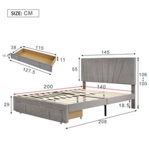 Lit double M101 Gris - Bois manufacturé - 145 x 106 x 208 cm