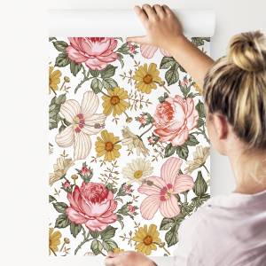 TAPETE Hibiskus Kamille Rosen Blumen Beige - Grün - Weiß - Papier - 53 x 1000 x 1000 cm