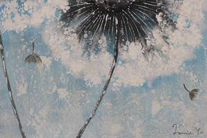 Tableau peint à la main Pompon Flowers Bleu - Blanc - Bois massif - Textile - 80 x 80 x 4 cm