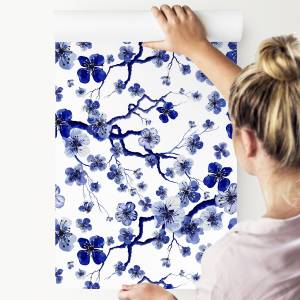 VLIES TAPETE Pflanzen Blumen Zweige Baum Schwarz - Blau - Weiß - Papier - 53 x 1000 x 1000 cm