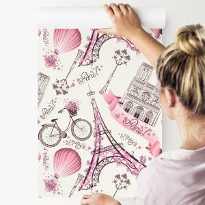 TAPETE Paris Eiffelturm Blumen Fahrräder Beige - Braun - Violett - Papier - 53 x 1000 x 1000 cm