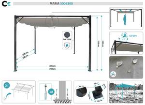 Pergola MARIA mit einziehbarem Grau - Metall - 298 x 220 x 298 cm