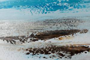 Tableau Vagues dans la brume du matin Bleu - Gris - Bois massif - Textile - 140 x 70 x 4 cm